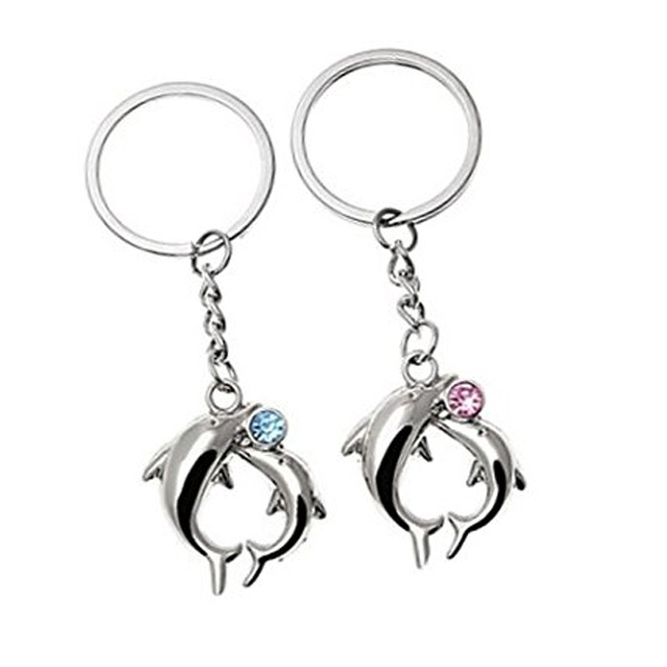 Blue Pink Diamante Dolphins Silver Metal Couple Keyrings Lovers Puzzle Key Chains