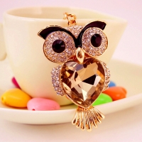 Coffee Gemstone Owl Sparkling Crystal Diamante Rhinestone Bag Charm Handbag Pendant Keyring Chain