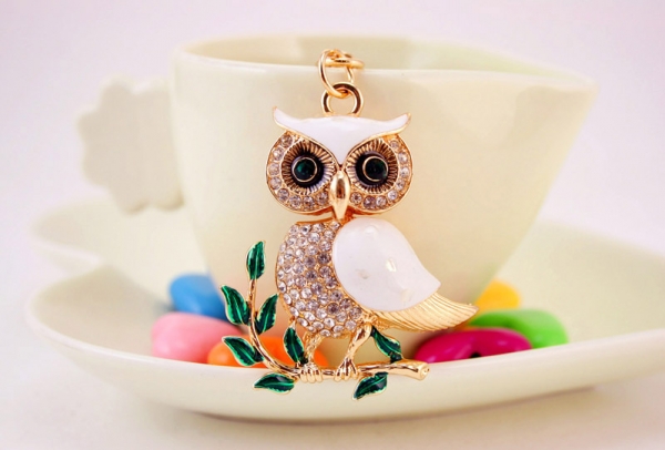 White Owl On Tree Crystal Diamante Rhinestone Bag Charms Handbag Keyrings Pendant Key Chain