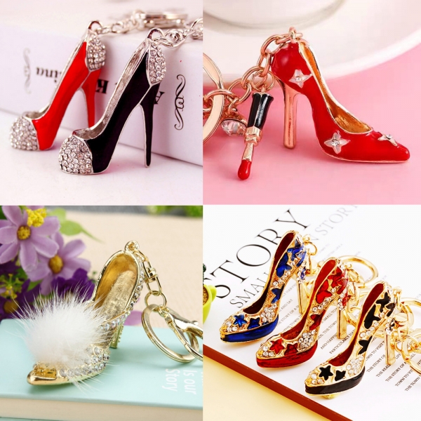 Black Red High Heeled Shoe Crystal Diamante Rhinestone Bag Charms Handbag Keyrings Pendant Key Chain