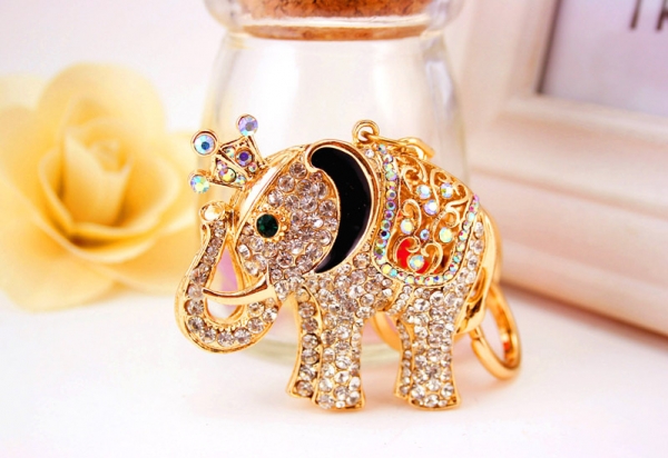 Gold Elephant Crystal Diamante Rhinestone Bag Charms Handbag Keyrings Pendant Key Chain