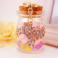 Love Heart With Pink Roses Crystal Diamante Bag Charms Handbag Keyrings Pendant