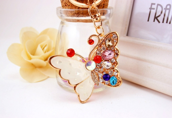 White Colourful Butterfly Crystal Diamante Rhinestone Bag Charms Handbag Keyrings Pendant Key Chain