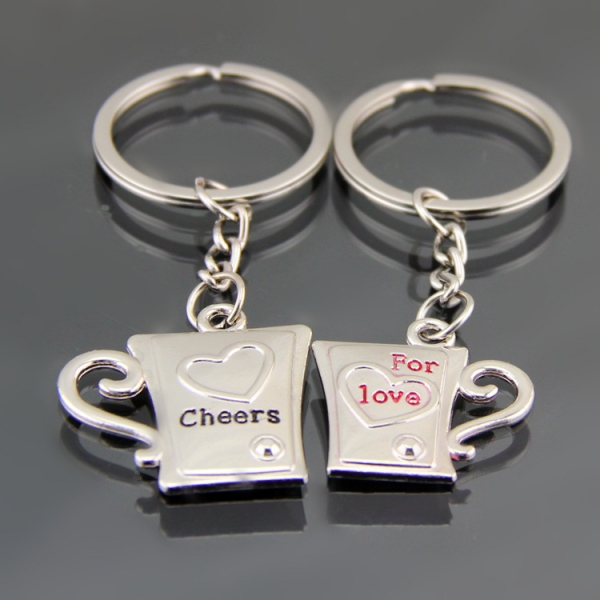 Beer Cups Mugs Love Hearts Silver Metal Couple Keyrings Set Lovers Key Chains