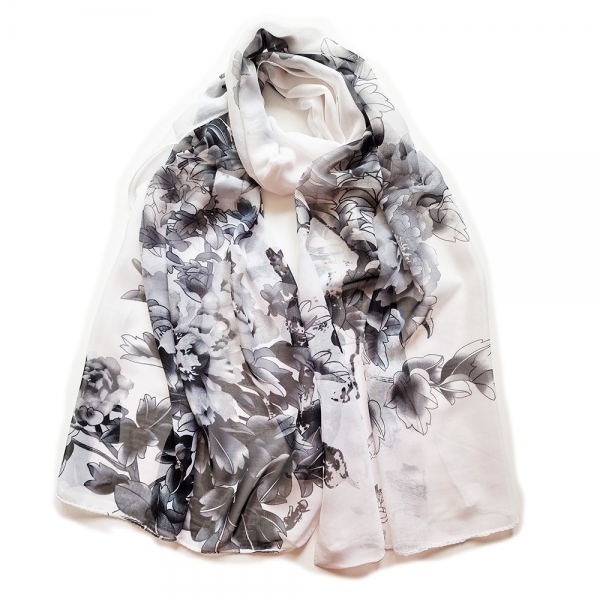 Black White Flowers Chiffon Scarf