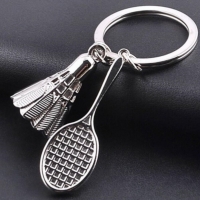 Silver Badminton Shuttlecock Racket Keyring Novelty Sports Metal Key Ring Gift