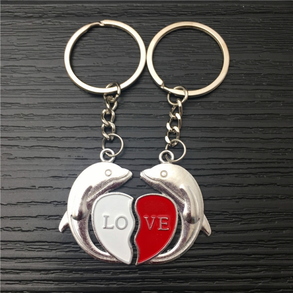 Dolphins Love Heart Silver Couple Keyrings Lovers Puzzle Metal Keyring Set Pair