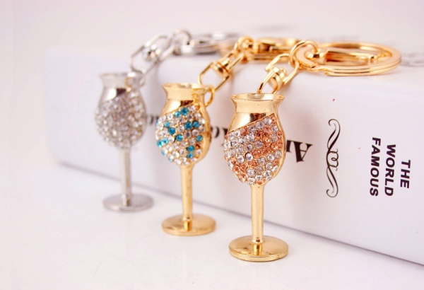 Wine Goblet Flute Glasses Crystal Diamante Bag Charm Handbag Keyring Pendant