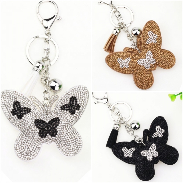 Butterfly Shape PU Leather Crystal Diamante Bag Charms Handbag Keyrings Pendant