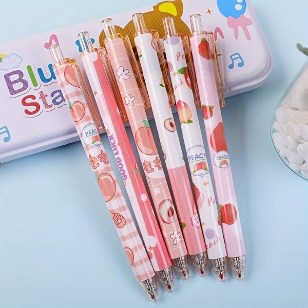 6pc Pink Fruits Peach Press Ballpoint Gel Pens Cute Kids Party Gift Bag Fillers