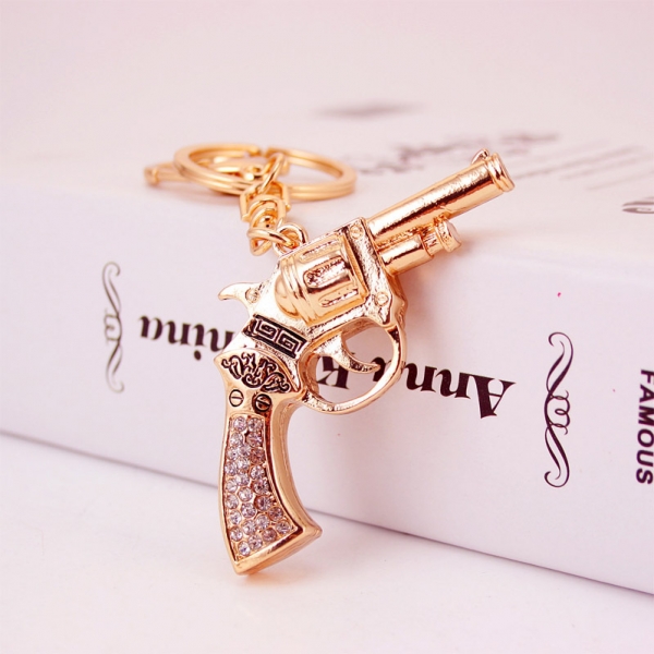Revolver Pistol Crystal Diamante Bag Charms Handbag Keyrings Pendant Key Chain