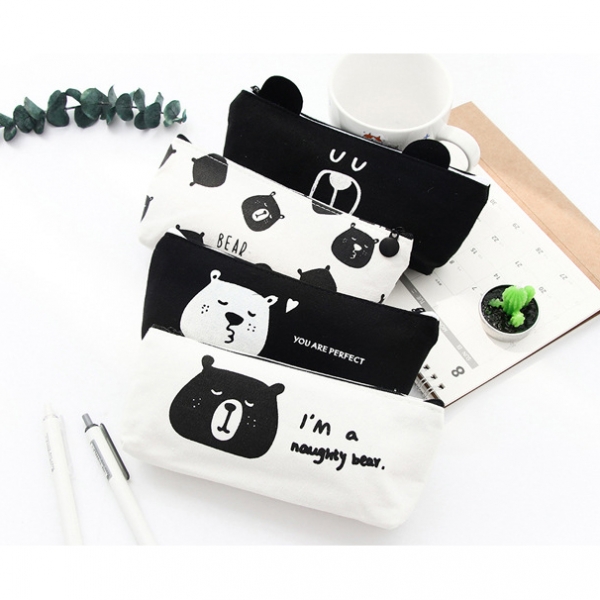 Black White Bears Animals Canvas Cute Pencil Cases Make Up Bags Pen Pouches
