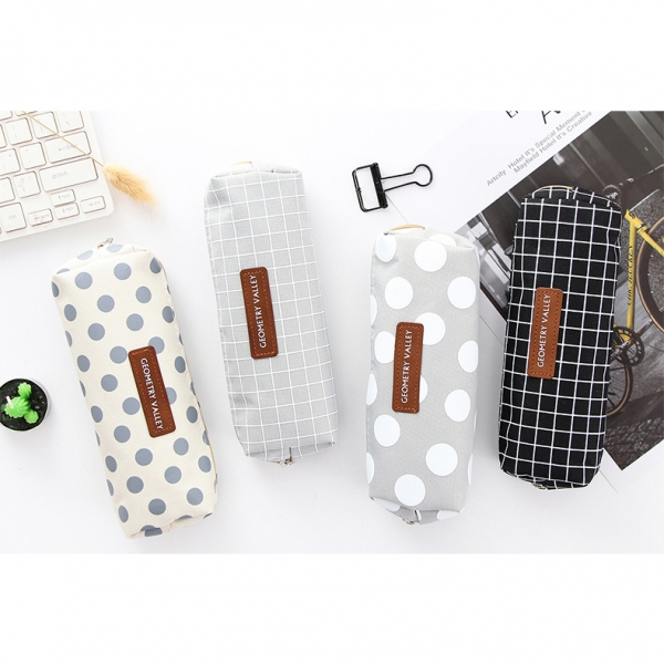 Polka Dots Grid Patterned Classic Canvas Pencil Case Cute Cosmetic Makeup Bags