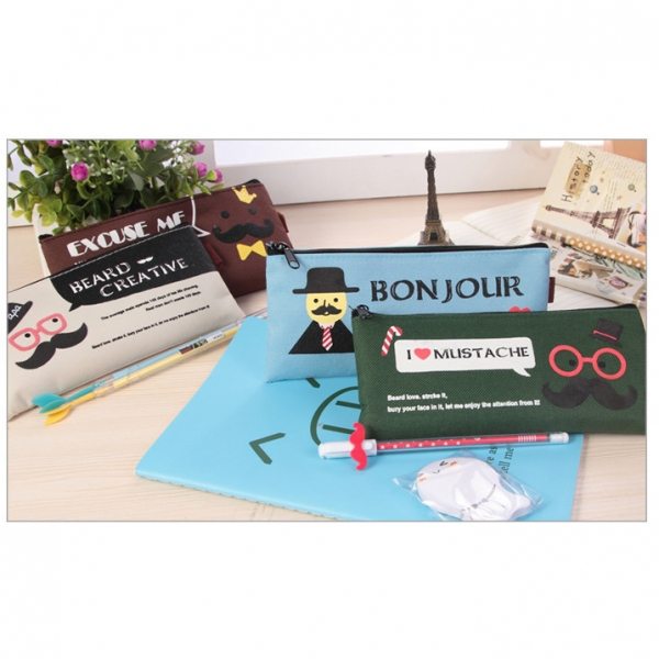 Mr Mustache Canvas Cute Pencil Cases Cosmetics Make Up Bags Pen Pouches
