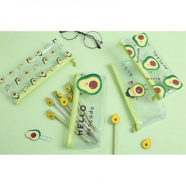 Green Avocados Patterned See Through Transparent Pencil Cases Make Up Bags