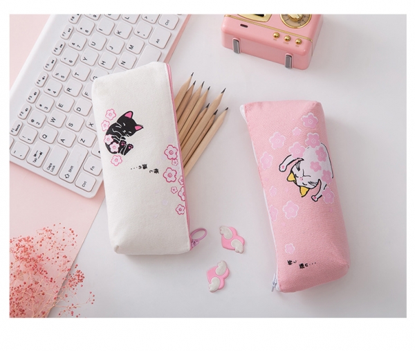 Cat And Cherry Blossom Flowers Japanese Style Cute Canvas Pencil Case