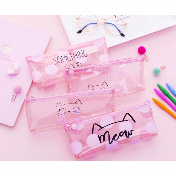 Pink Cat See Through Transparent Pencil Case Girls Cute Cosmetics Makeup Bag