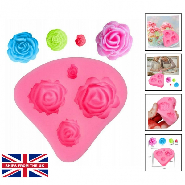 4 Rose Flowers Silicone Mould Cake Decor Chocolate Icing Sugar Paste Mold