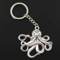 Large Antiqued Silver Octopus Keyring Squid Kraken Sea Monster Animal Vintage